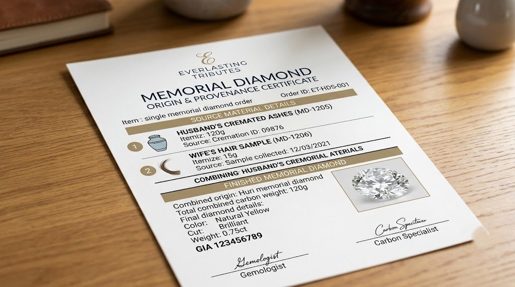 Sample origin document itemizing two separate source materials for one memorial diamond order
