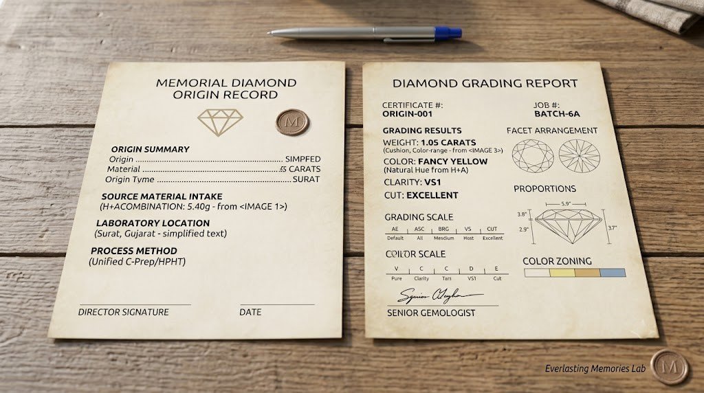 Two documents side by side on a desk, one an origin record and one a diamond grading report, no laboratory name legible