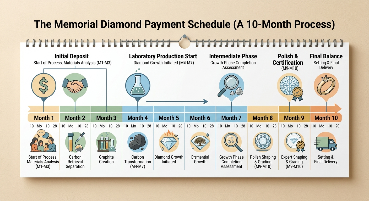 A wall calendar spanning ten months with five payment points marked from deposit to setting