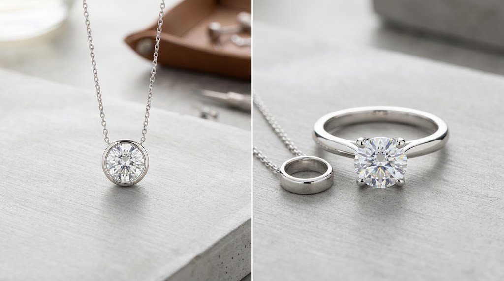 The same memorial diamond shown first as a pendant and then remounted in a ring to illustrate resetting 