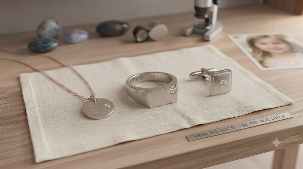 A pendant, a ring and a cufflink each set with a small memorial diamond