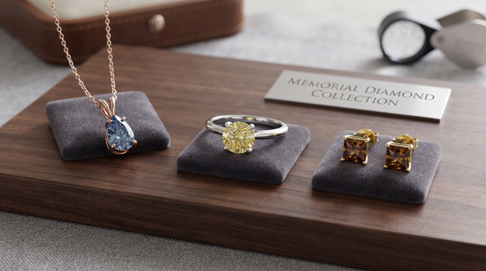 Memorial diamond shown set as a pendant, a ring and a pair of earrings