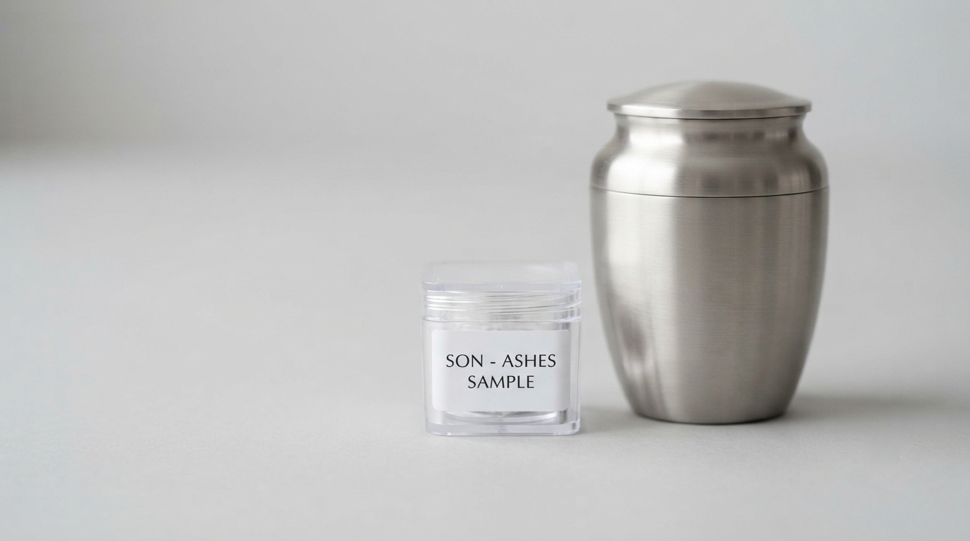 A small labeled container sealed beside a larger urn that has not been opened