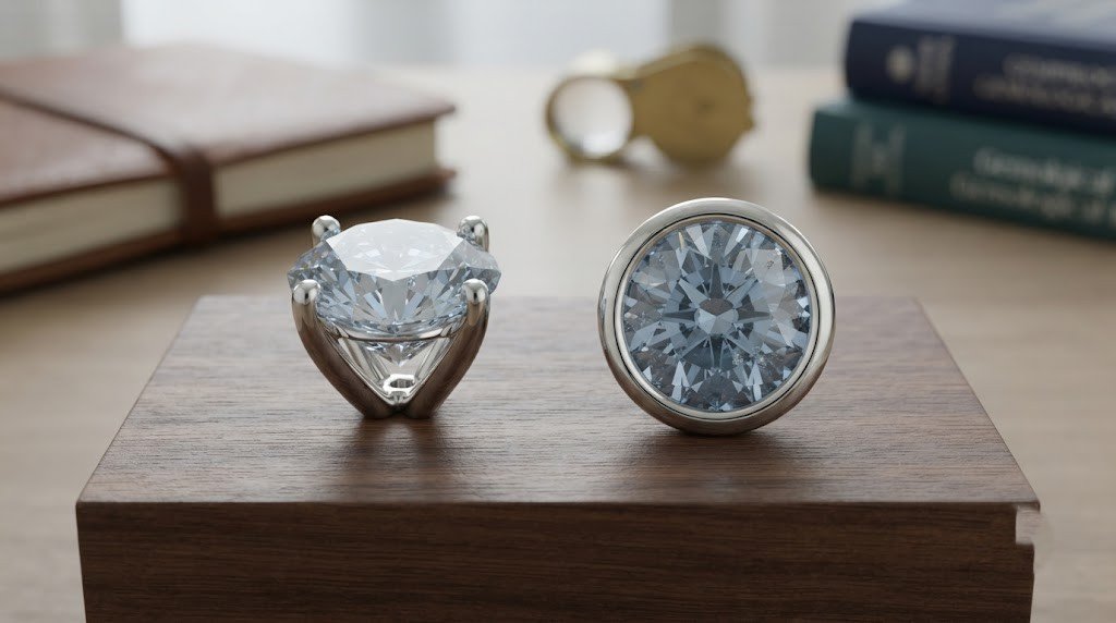  Close-up of the same size diamond held in a four-prong head beside one wrapped in a full bezel rim