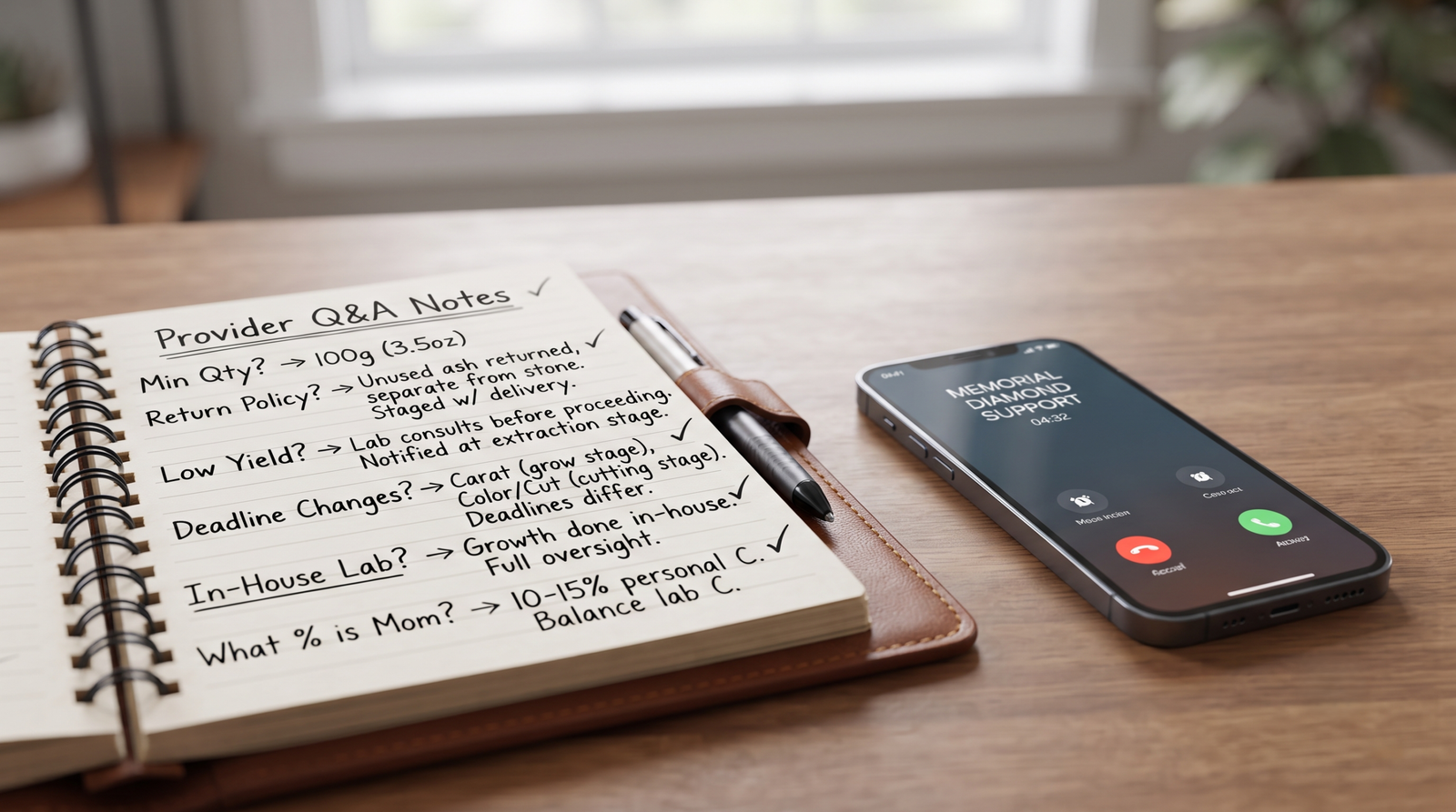 Notepad with provider answers annotated beside a phone