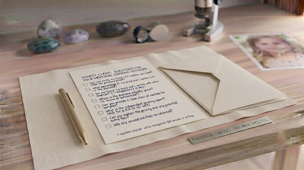 |A handwritten checklist of questions to ask a memorial diamond provider, next to a pen and envelope
