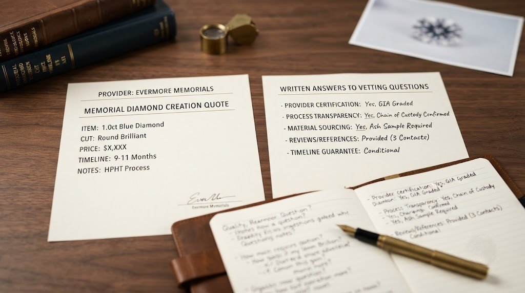 A printed provider quote and a list of written answers laid beside a notebook and pen | Stock acceptable