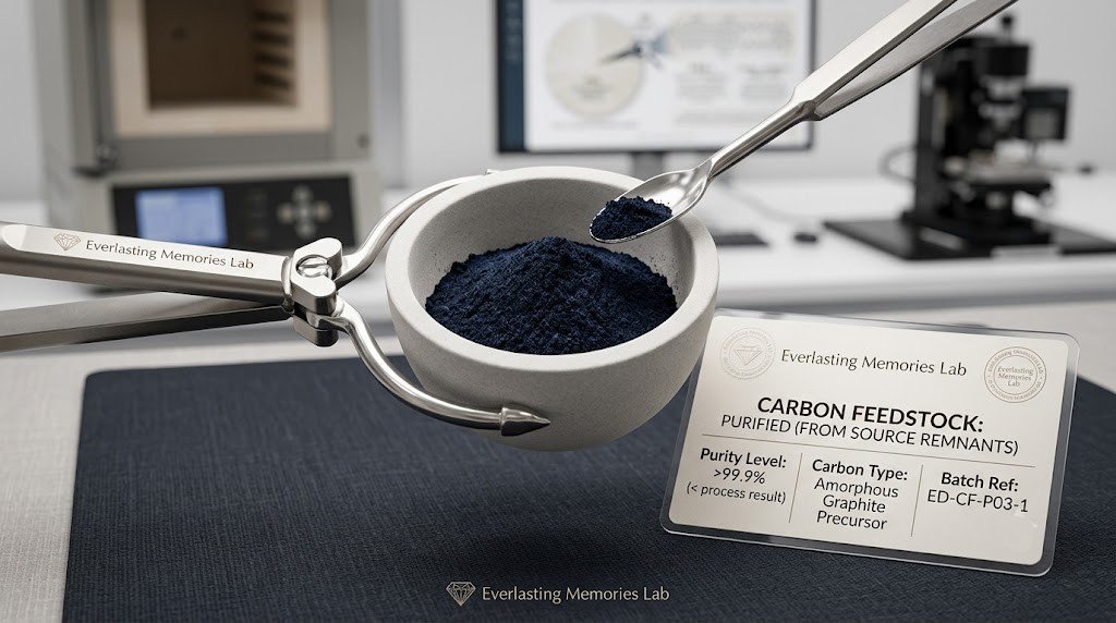 Purified carbon feedstock in a laboratory crucible before graphitization and diamond growth