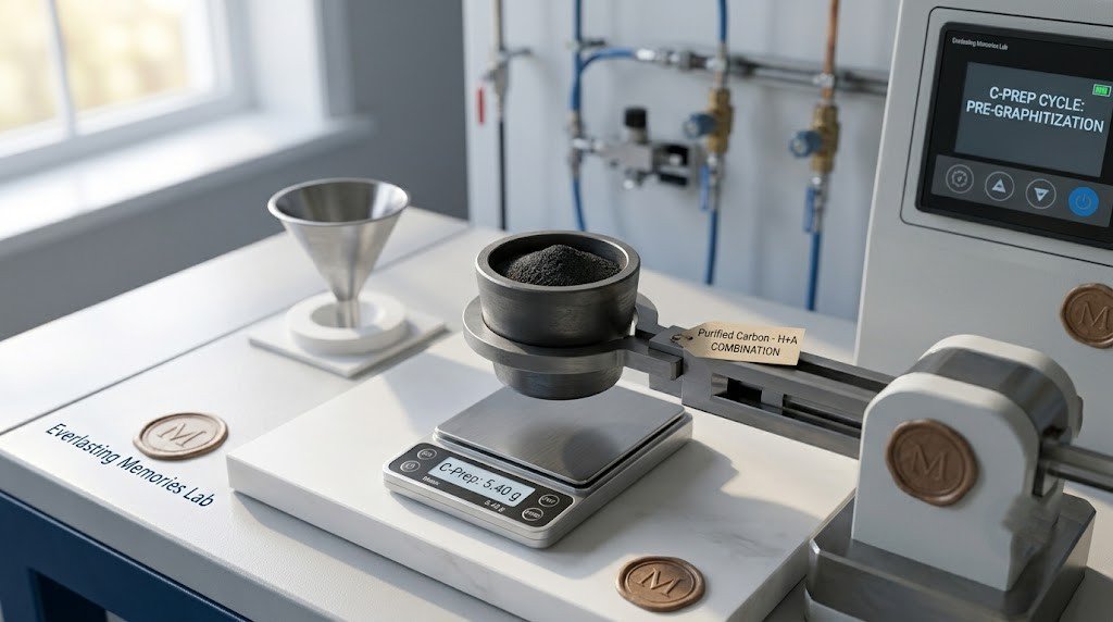 Purified carbon prepared for graphitization in a laboratory crucible ahead of a diamond growth ru