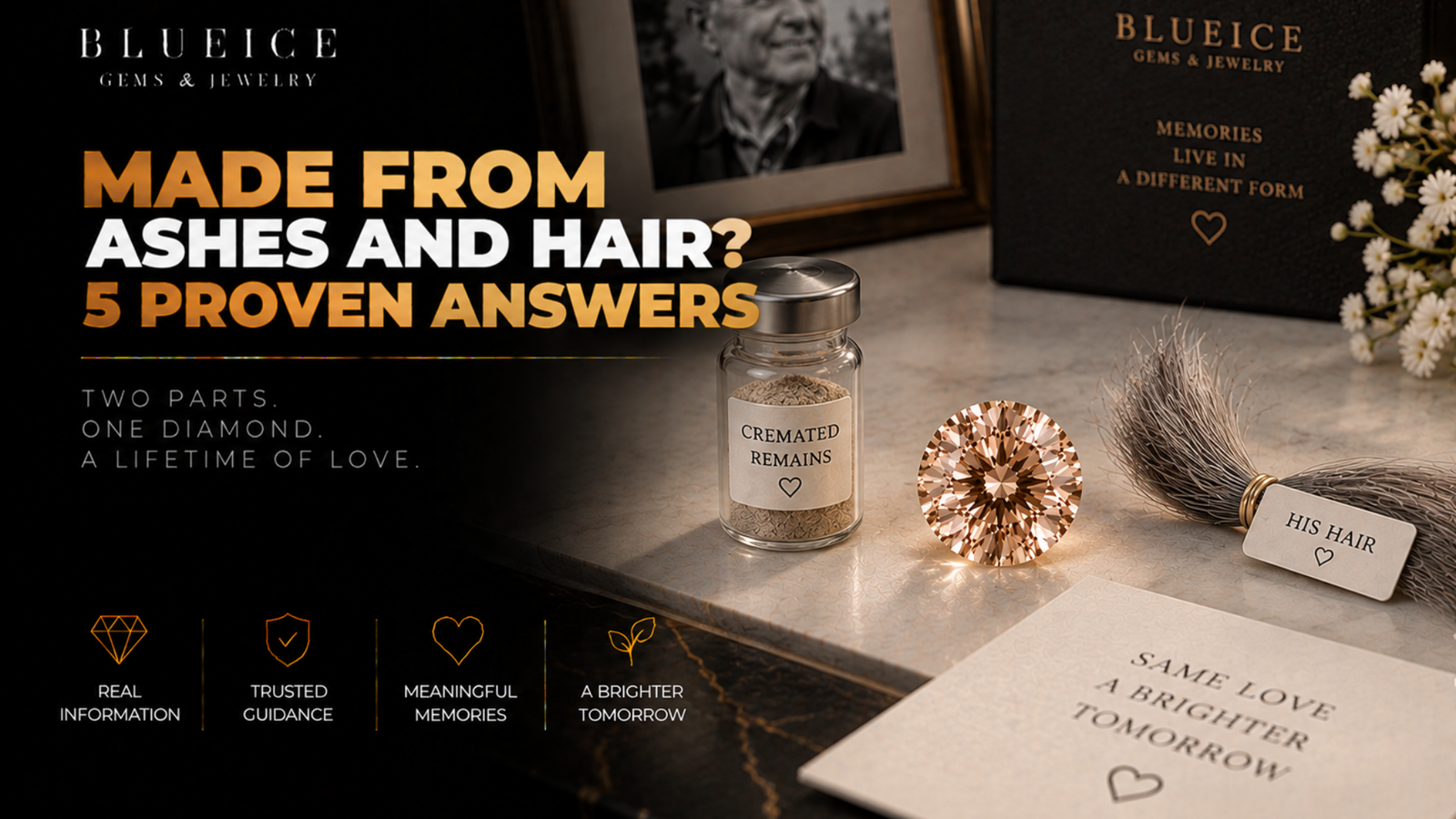 Really made from both: a champagne-toned lab-grown memorial diamond between a small sealed portion of cremated remains and a labelled lock of hair