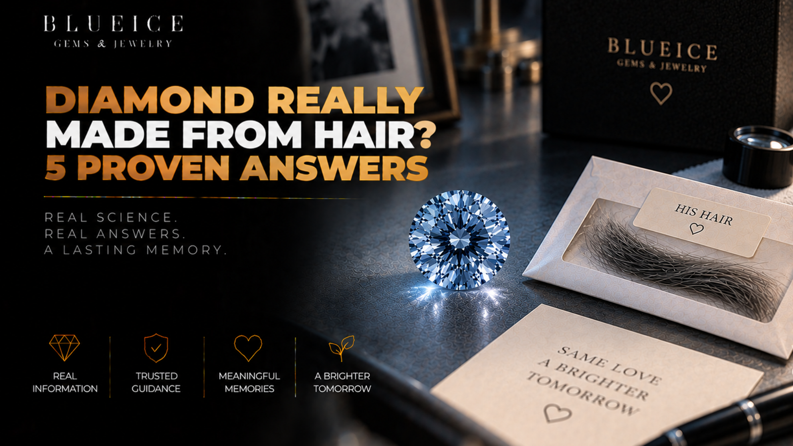 Diamond really made from a husband's hair: a loose blue-toned lab-grown diamond beside a labelled envelope holding a small lock of hair