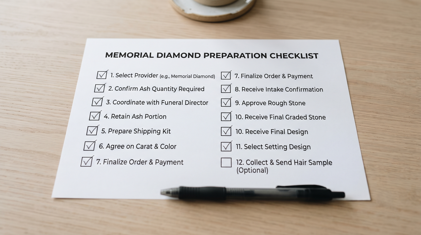Printed checklist on a kitchen table with several lines ticked and one left blank