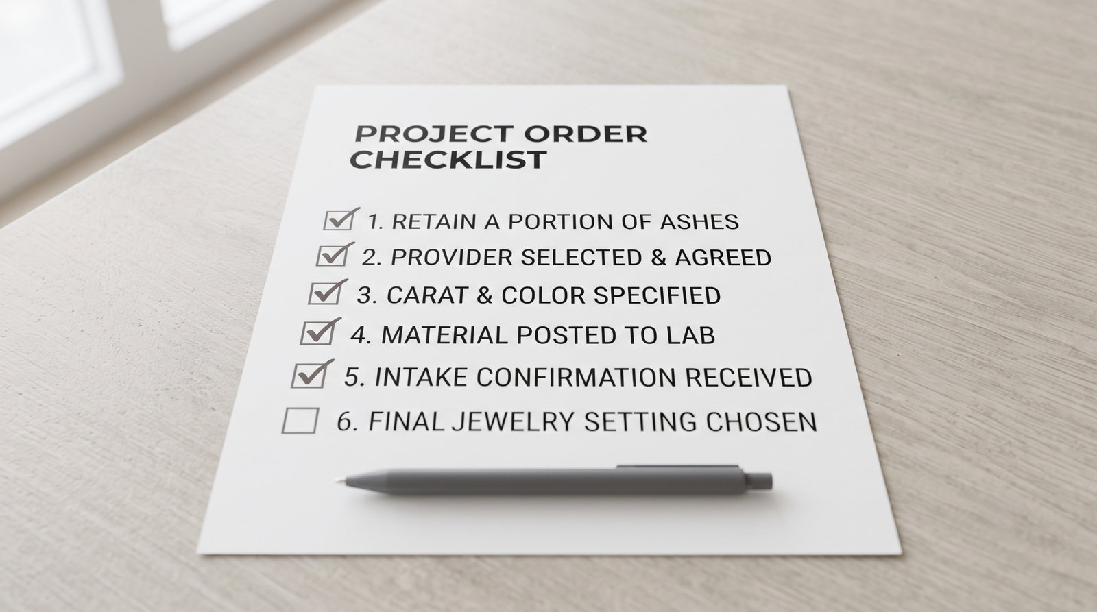 Printed checklist on a kitchen table with several lines ticked and one left blank