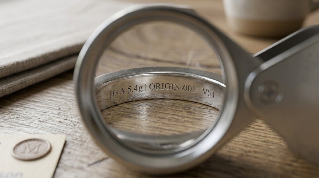 Inside surface of a ring band showing a short engraved inscription, photographed under a loupe