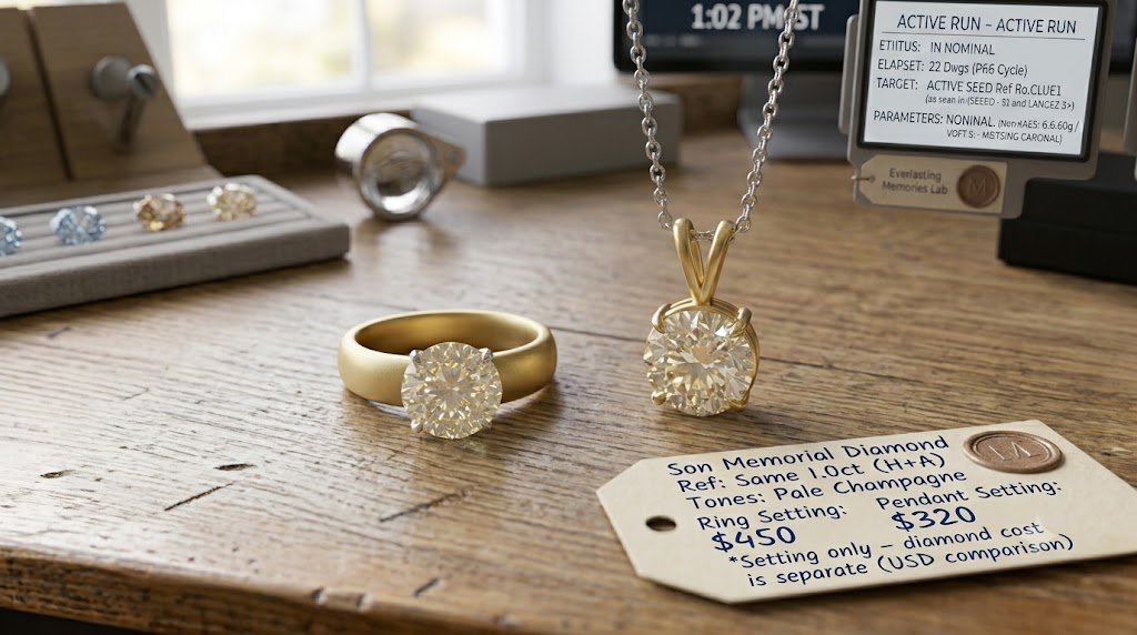 The same memorial diamond shown set in a plain band and in a pendant to illustrate separately priced settings