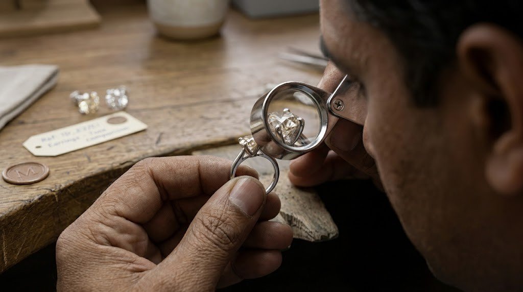 Jeweler examining the prongs and seat of a diamond ring under a loupe on a benc