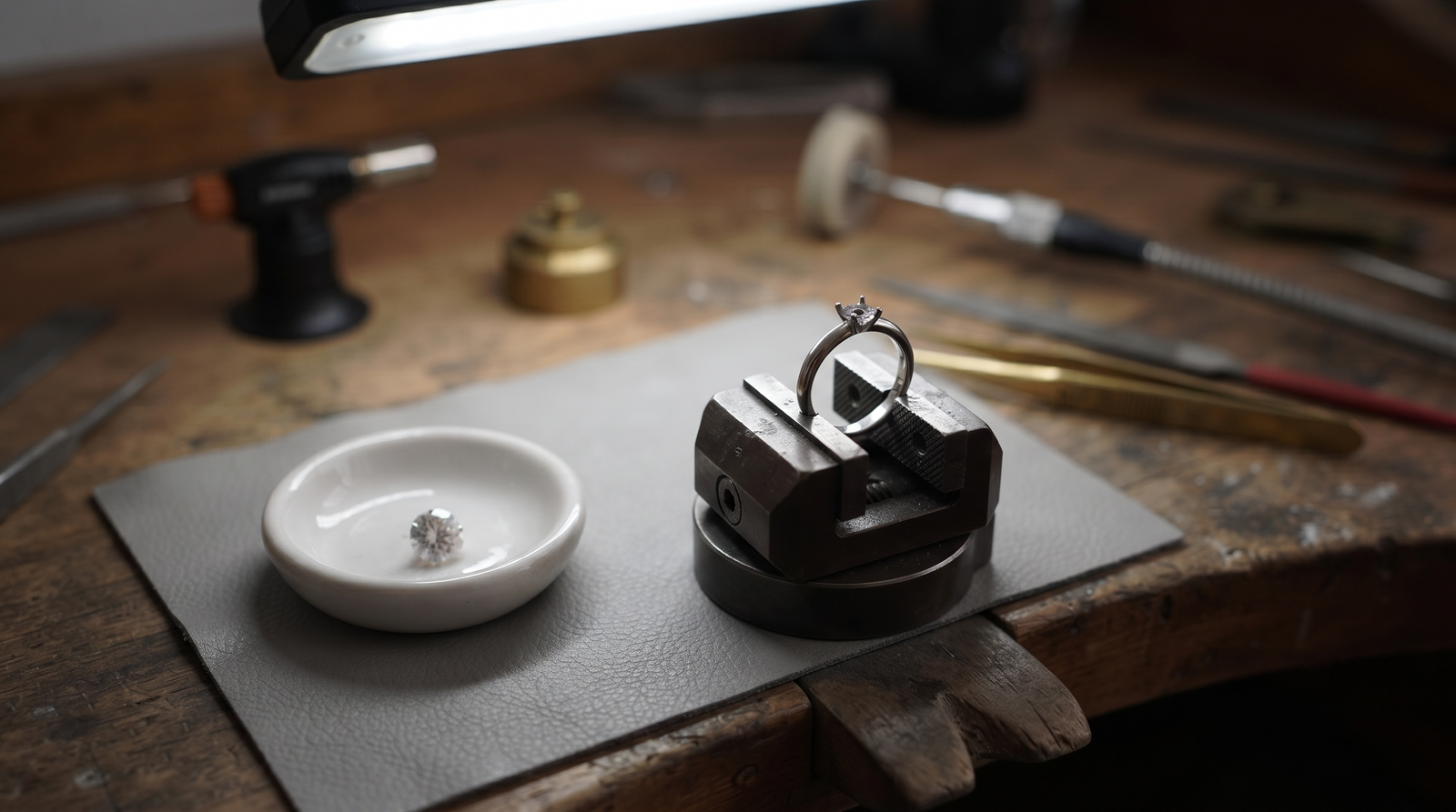 Ring shank held in a bench clamp during sizing work, with the stone removed and set aside in a small dish