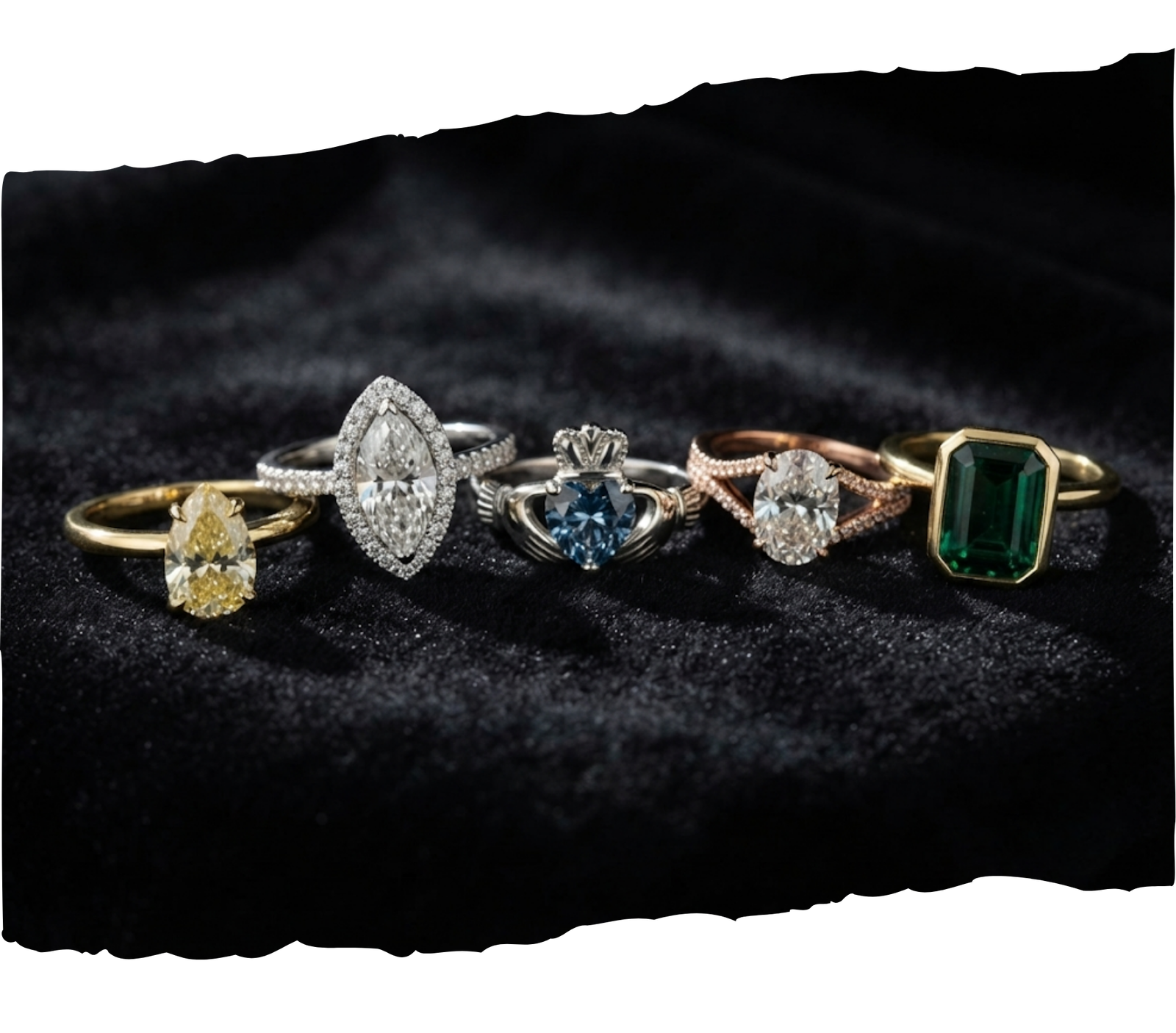 Collection of five memorial diamond rings by Blue Ice Gems, featuring yellow pear solitaire, marquise halo, blue heart Claddagh, oval split shank, and green emerald bezel settings on black velvet.