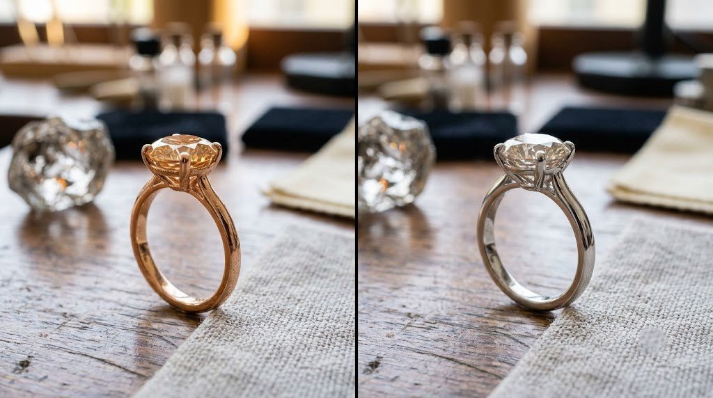 The same champagne-toned memorial diamond photographed set in rose gold and in platinum for comparison