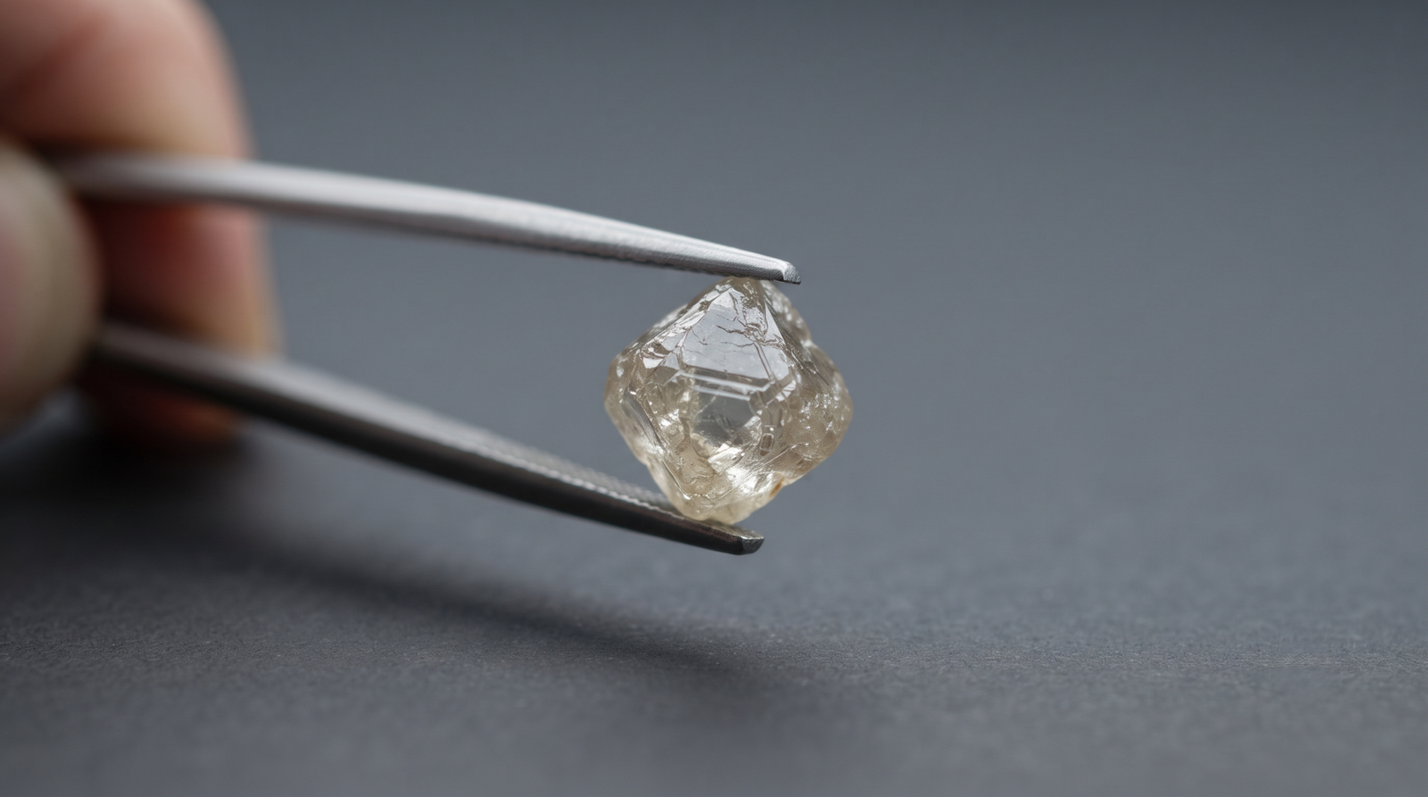 Rough lab-grown diamond crystal held in tweezers against a matte background