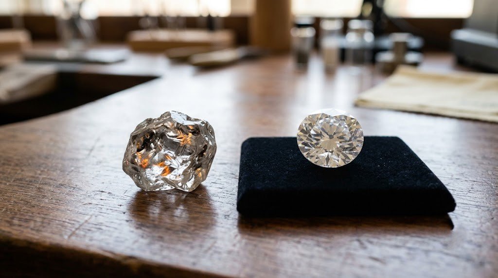 A rough memorial diamond crystal shown beside the same stone after cutting and polishing