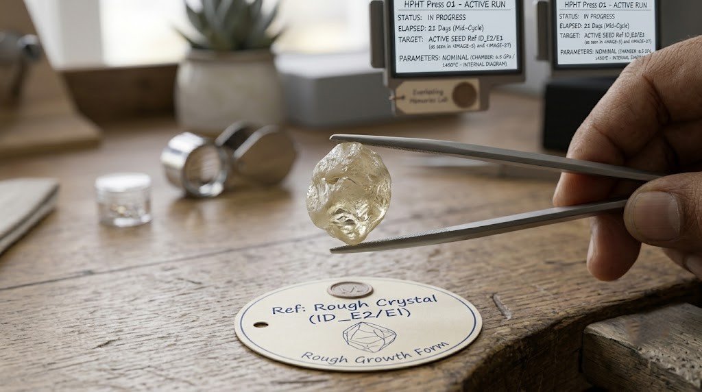 Rough lab-grown diamond crystal held in tweezers on a gemologist's bench before cutting and polishing