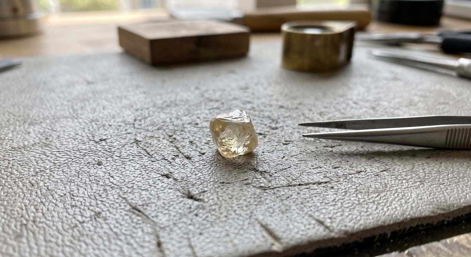  Rough diamond crystal on a bench mat before cutting, showing its tint