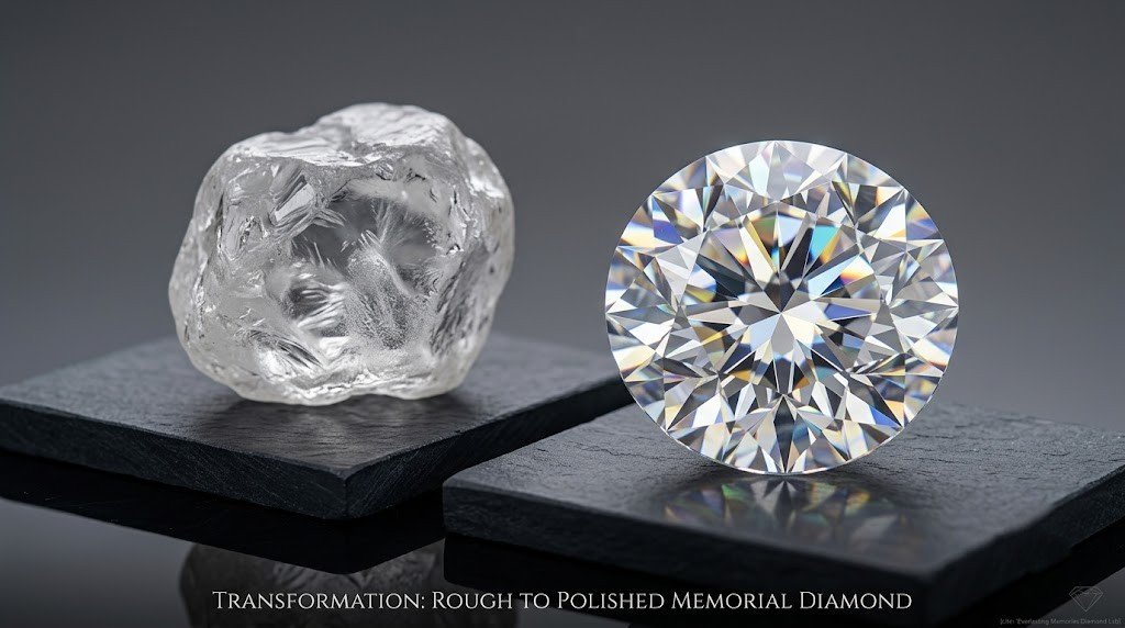 Rough memorial diamond crystal beside the same stone after cutting and polishing