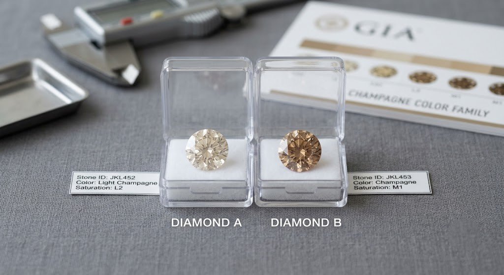 Two champagne memorial diamonds of slightly different saturation photographed side by side under neutral light