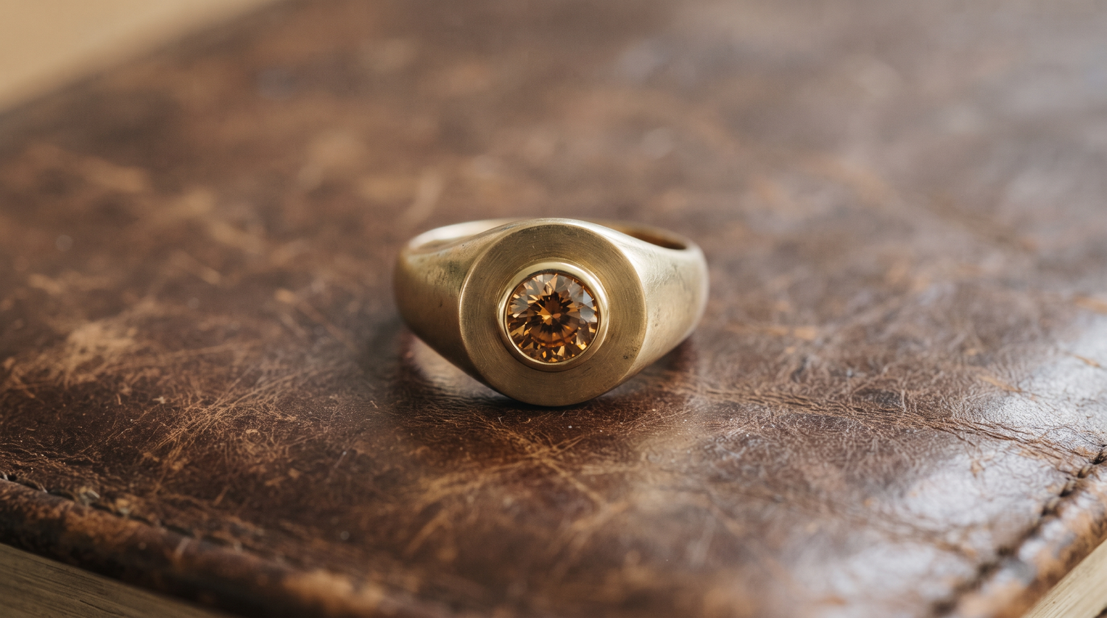 A memorial color diamond bezel-set into a plain signet ring on a worn leather surface