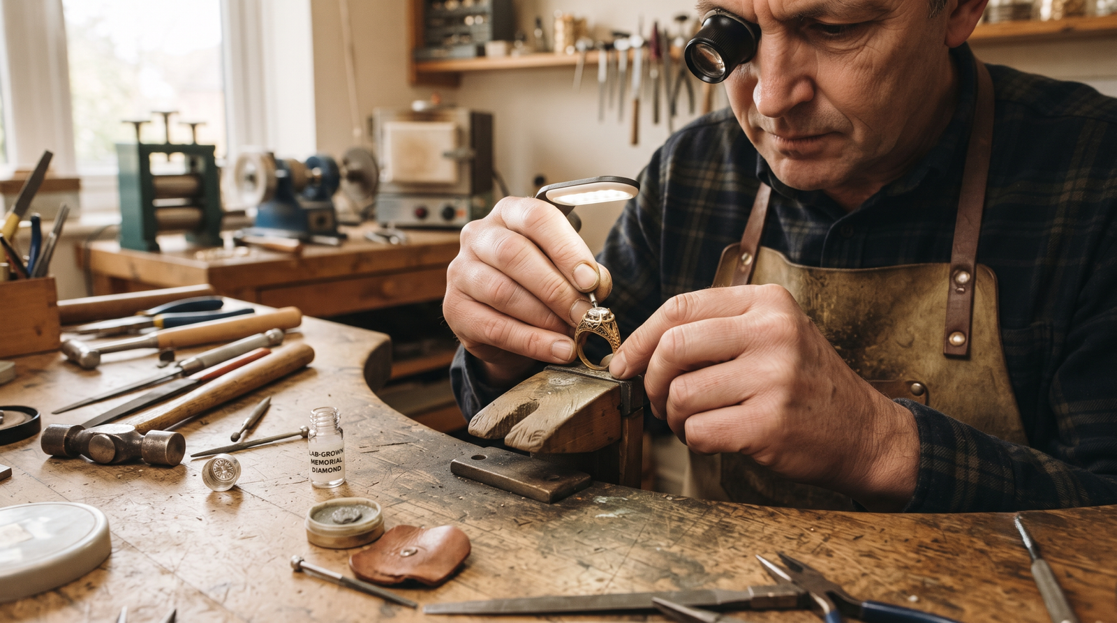 Jeweller resetting a stone into an older gold ring at a bench