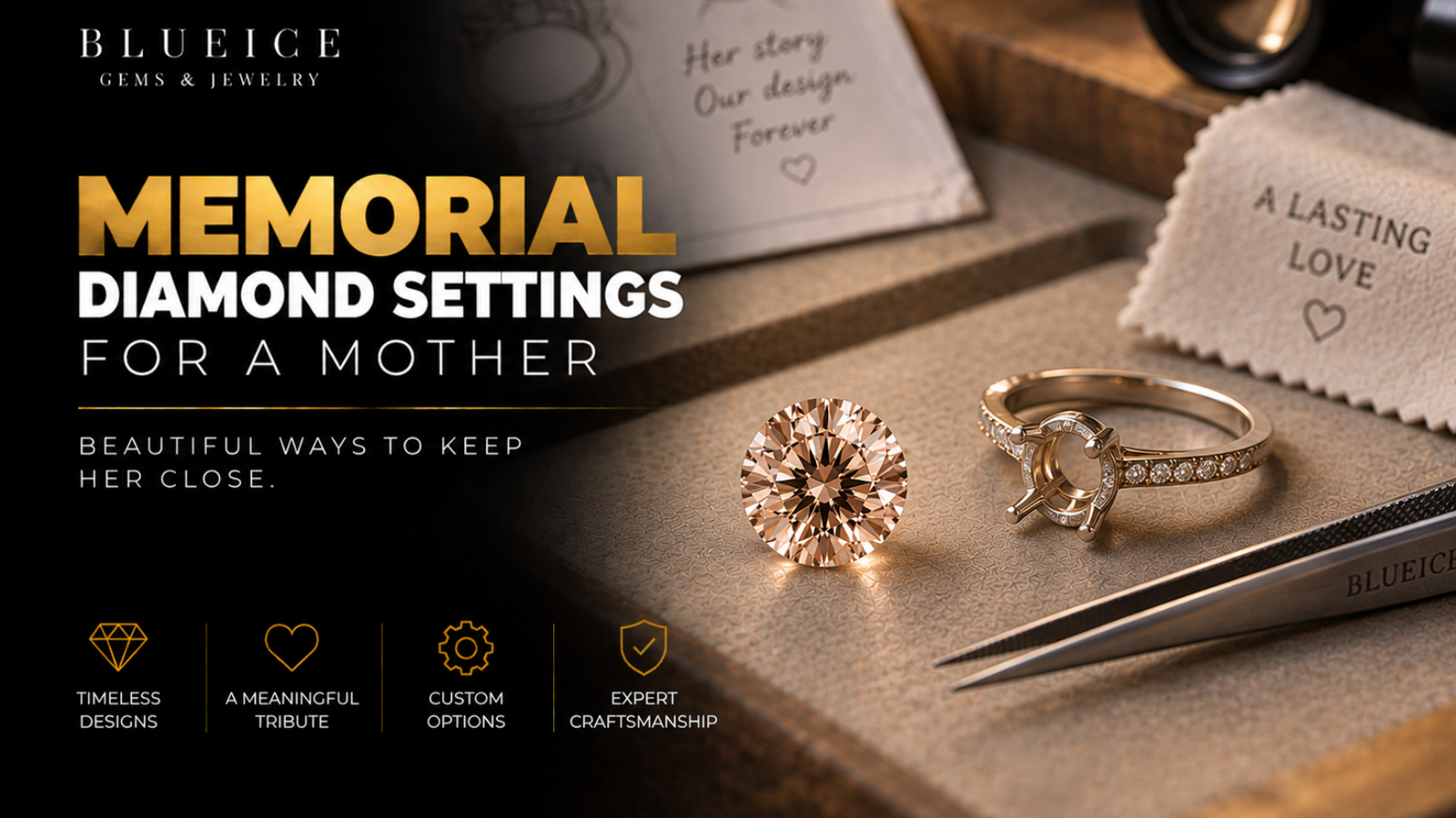 Loose memorial diamond beside an empty bezel ring mount and jeweller's tweezers on a bench mat