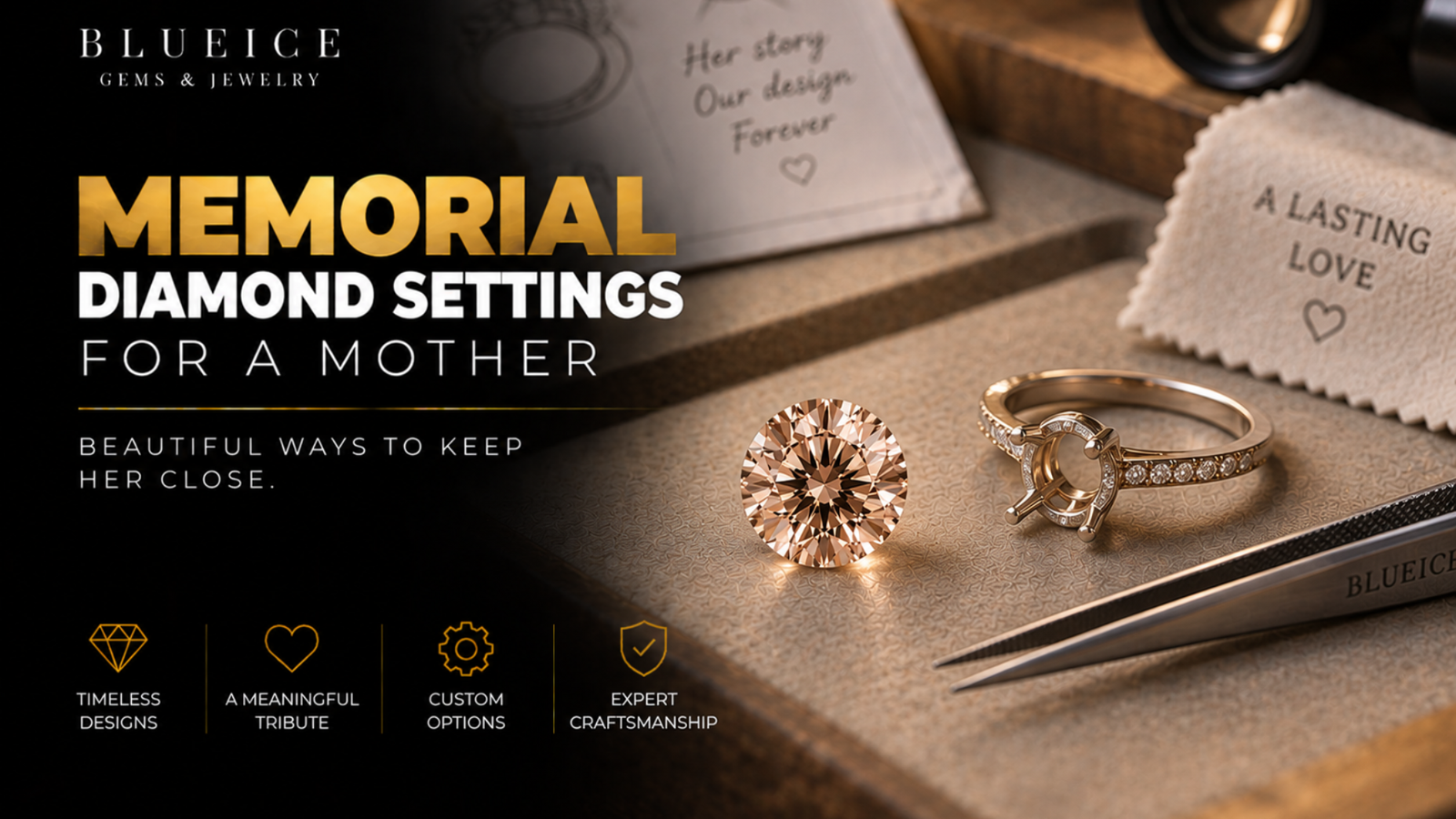 Loose memorial diamond beside an empty bezel ring mount and jeweller's tweezers on a bench mat