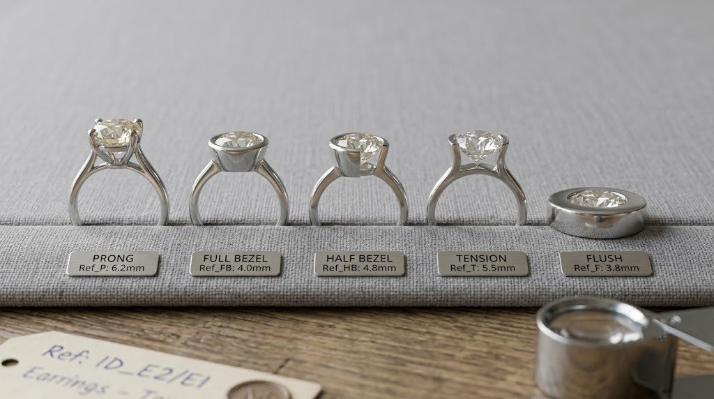 Five diamond settings photographed in profile  prong, full bezel, half bezel, tension, and flush  at the same scale |