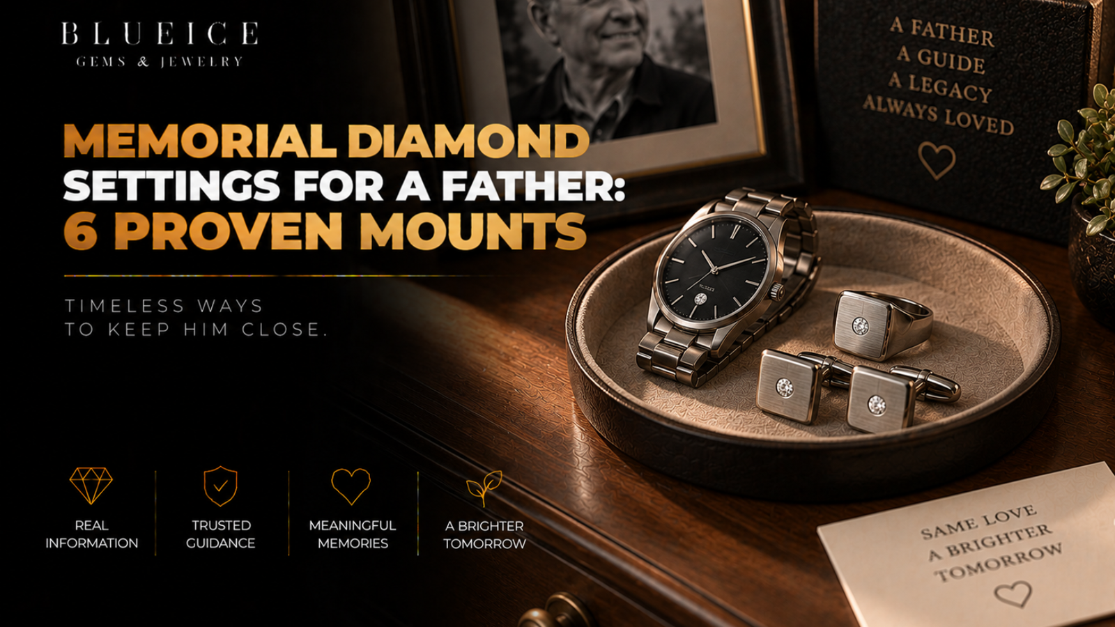 Memorial diamond settings for a father: a man's watch, a signet ring and a pair of cufflinks resting in a small dish on a chest of drawers