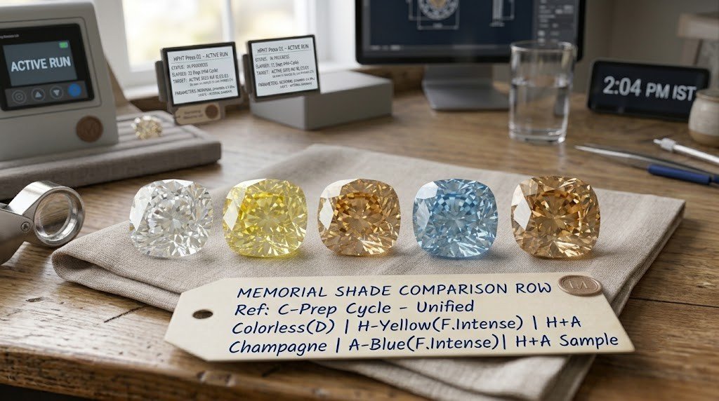 Five memorial diamonds arranged from colorless through yellow, champagne and blue on a neutral surface
