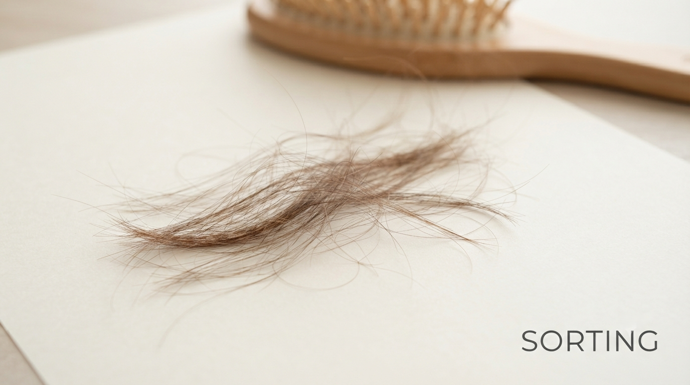 Shed hair lifted from a hairbrush and laid on plain paper for sorting 