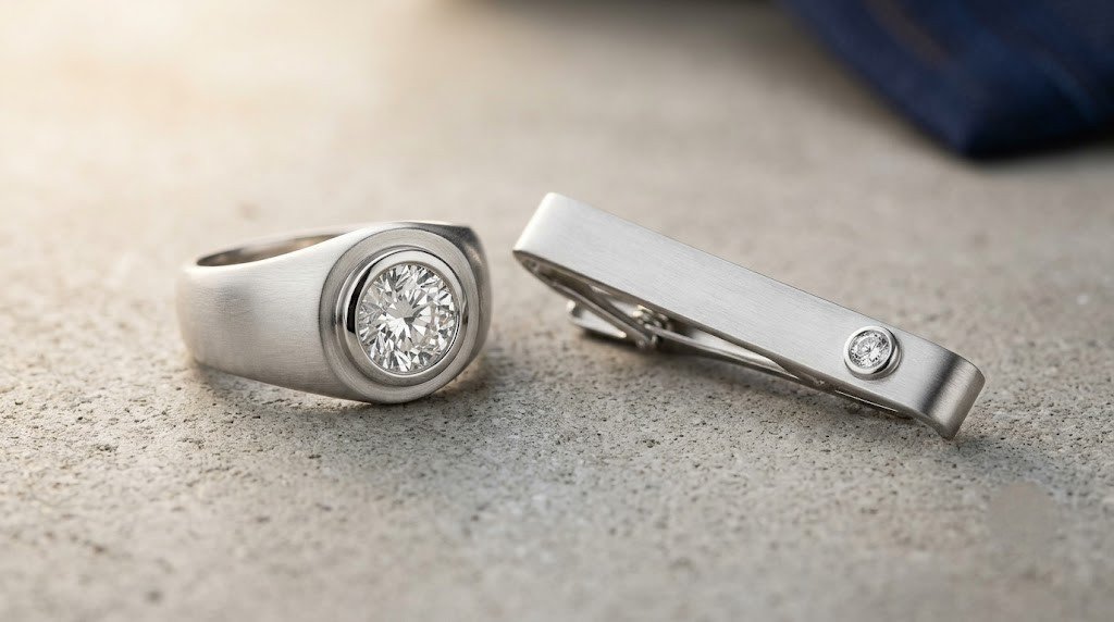  A bezel-set memorial diamond in a men's signet ring beside a tie bar carrying a smaller stone 