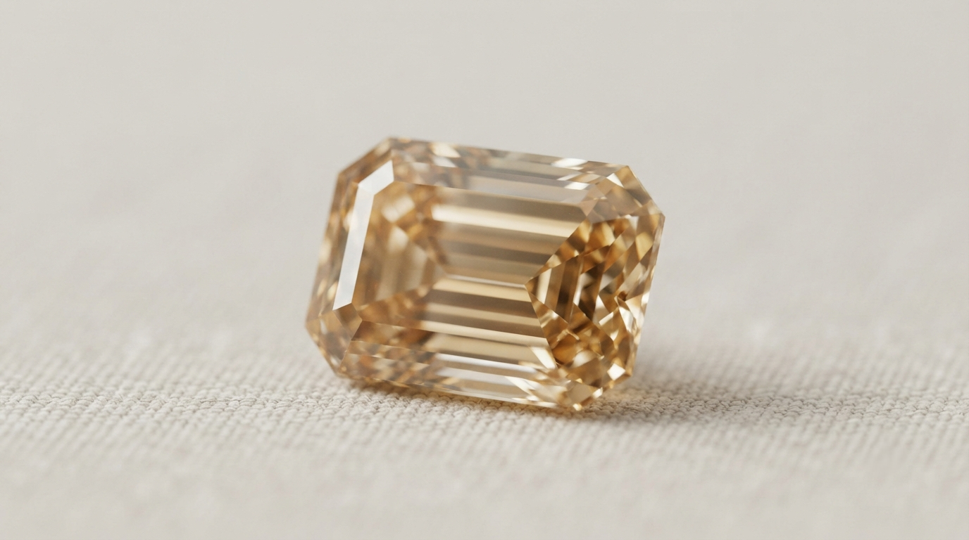 Finished champagne memorial diamond photographed close up showing one continuous crystal with no seam or two-tone effect