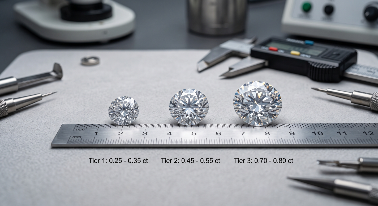  Three memorial diamonds of increasing carat laid on a ruler for scale 