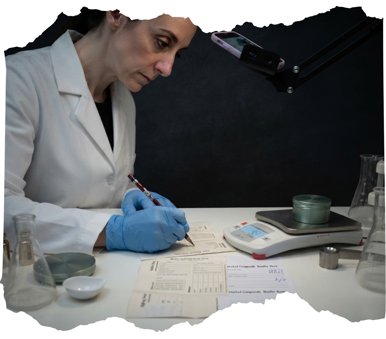 Stage 1 carbon isolation for a memorial diamond showing a lab technician auditing and tracking cremation remains.
