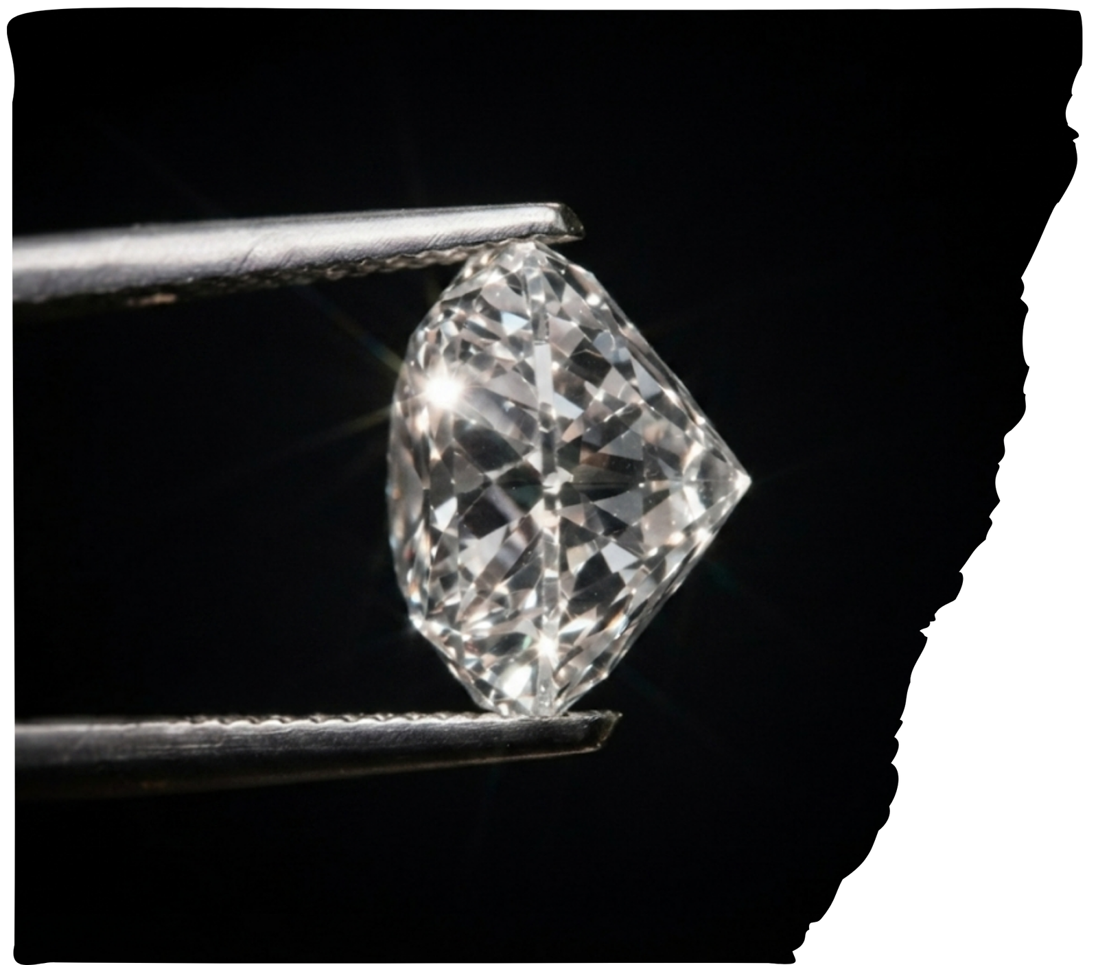 Stage 5 cut and polish for a memorial diamond showing a precision-faceted gemstone held in tweezers.