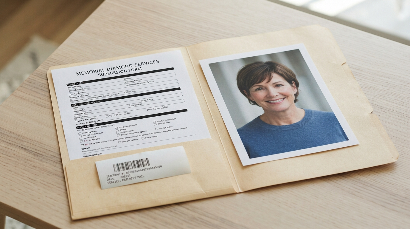 Submission form, tracking receipt, and a printed photograph laid together in a folder