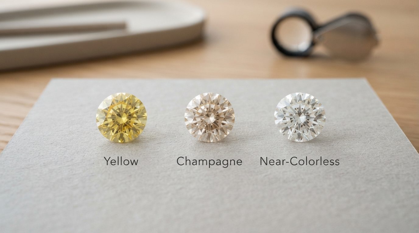 Yellow, champagne and near-colorless memorial diamonds photographed together under identical lighting