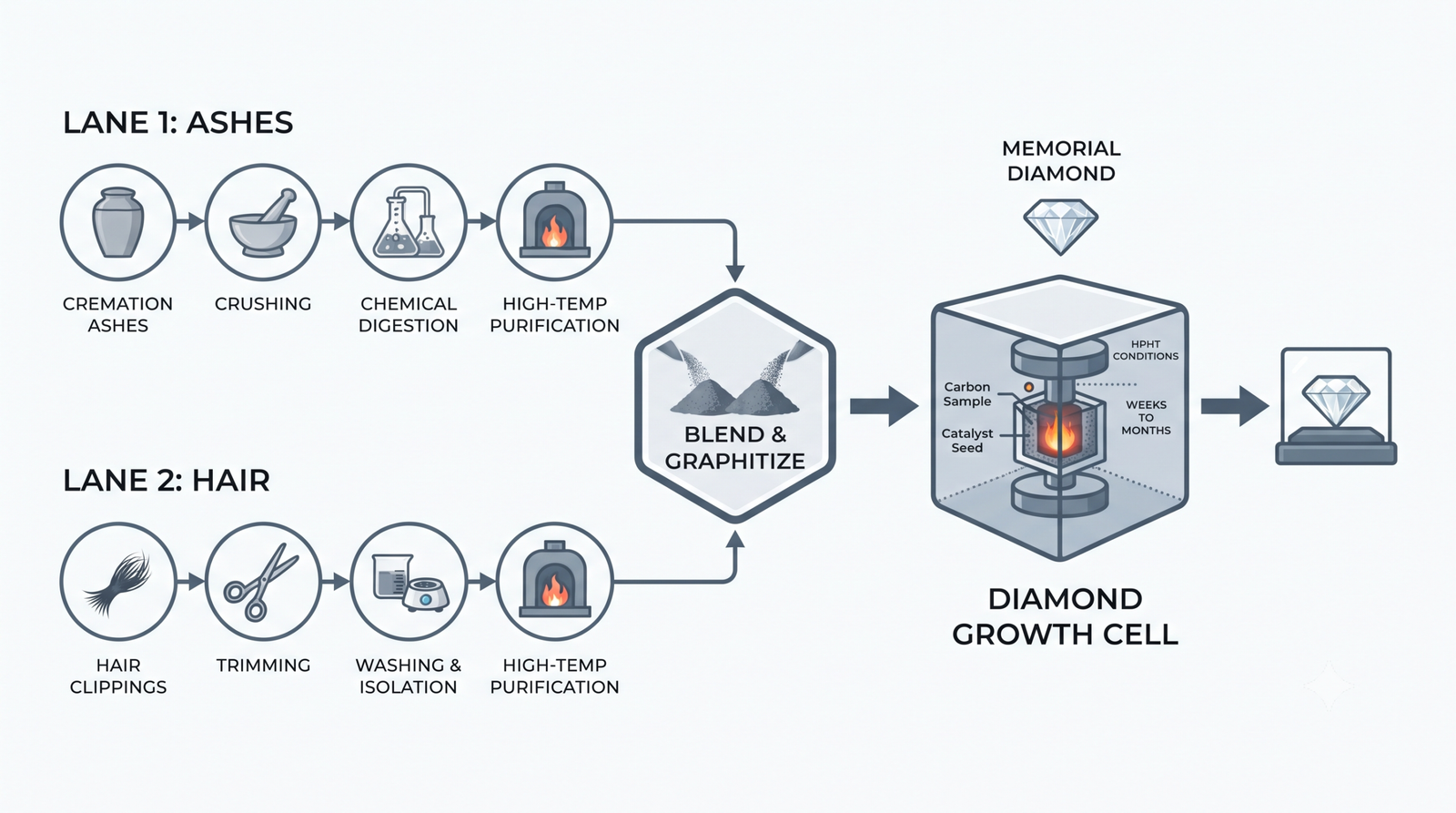 Diagram of two separate purification lanes for ashes and hair converging once into a single diamond growth cell