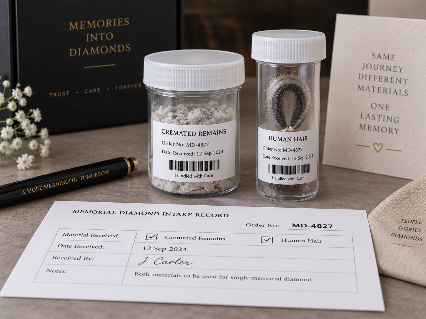 Two labeled intake containers, one holding cremated remains and one holding a lock of hair, logged against a single order reference