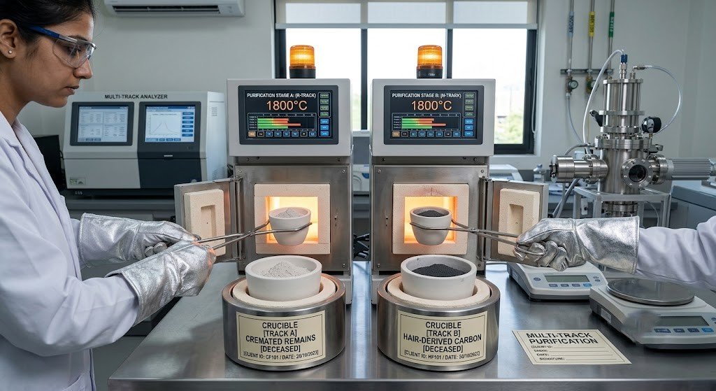 Two labeled crucibles being loaded into separate high-temperature purification furnaces in a laboratory |