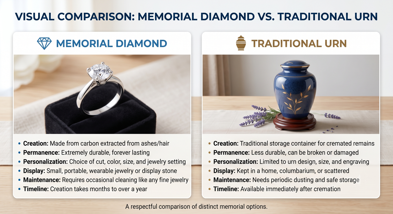 Visual comparison of a memorial diamond and a traditional urn side by side