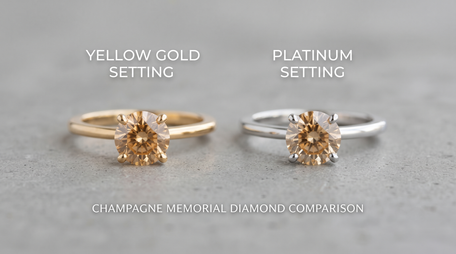 The same champagne memorial diamond in a yellow gold setting and in a platinum setting side by side