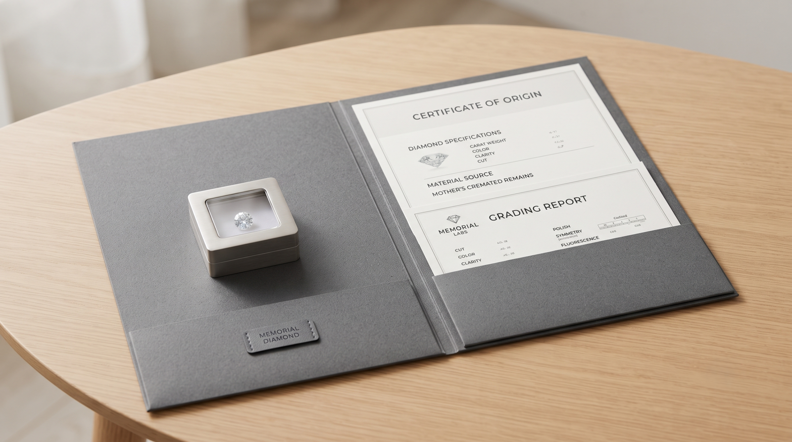Memorial diamond kept with its origin certificate and grading report in a document folder
